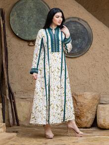 Women's Notched Neck Leaf Print Casual Arabic Style Dress - Multicolor - View 4