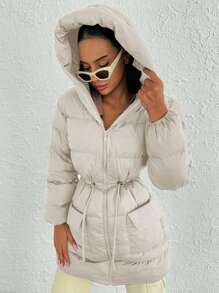 EURMUSE Flap Pocket Drawstring Waist Hooded Puffer Coat - Beige - View 3