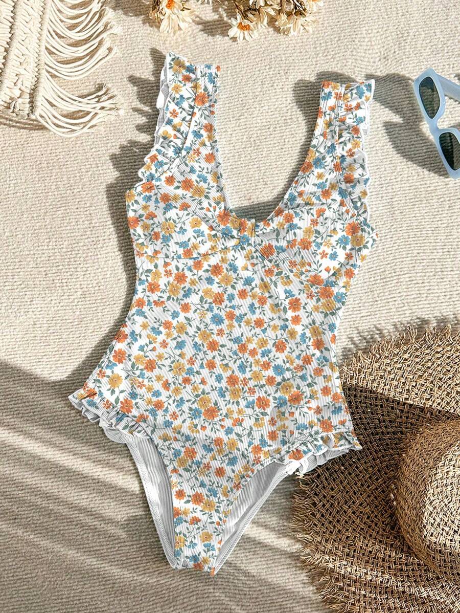 SHEIN Swim 女款夏季沙灘花卉印花泳裝，襯邊連衣裙式休閒一件式泳衣 - 黑色 - 查看 1