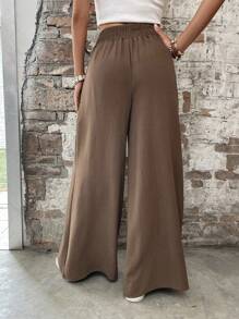 SHEIN LUNE Casual Solid Color High Waist Wide Leg Pants Fall Cloth For Women - Coffee Brown - View 2