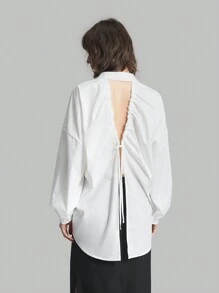 Ontre Blusa de manga larga de unicolor y estilo casual para mujer, camisa blanca de algodón con espalda descubierta y semi-formal, para usar en otoño, de vuelta al colegio, para uso diario - Blanco - Ver 11
