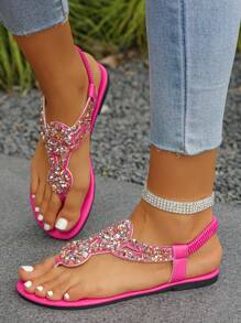 Plus Size Women's 35-43 European-Style Champagne Glitter Flip-Flops, Casual Beach Sandals, Daily Wear, Open-Toe, Fluorescent Pink Slippers With Slip-On Valentines