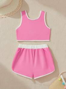 Mr Men Little Miss X SHEIN Young Girl Cartoon And Letter Graphic Ringer Bikini Set Summer Beach - Pink - View 2