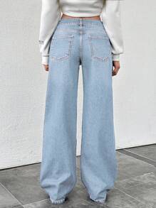 EURMUSE 女裝實色寬腳牛仔褲,帶口袋 - 淺色水洗藍 - 查看 2