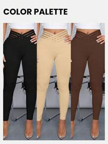 SHEIN SXY 女士十字腰實色緊身褲 - 黑色 - 查看 3