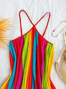 Soleia Vestido veraniego casual y suelto con línea A, plisado, minifalda y rayas de colores para mujer