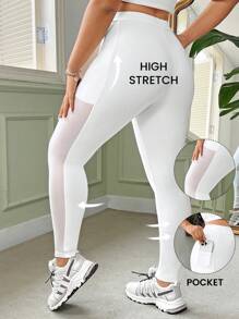 SHEIN EZwear Plus Size Tight Sport Leggings With Mesh Contrast And Phone Pocket