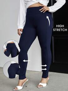 SHEIN LUNE Plus Solid Wideband Waist Leggings - Navy Blue - View 2