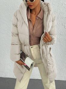 EURMUSE Flap Pocket Drawstring Waist Hooded Puffer Coat - Beige - View 4