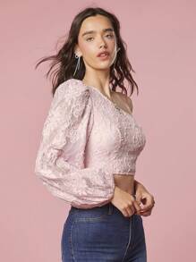 Enchnt 單肩蕾絲刺繡精緻浪漫上衣 - 粉色 - 查看 3