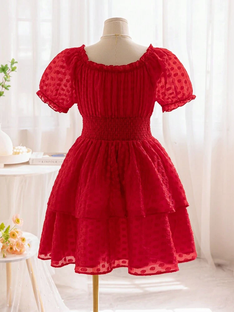 WYWH Plus Size Women's Summer Holiday Solid Color Puff Sleeve Dress With Cinched Waist