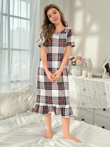 少女簡約格紋短袖圓領睡裙，荷葉邊緣，休閒寬鬆，家居休閒穿著 - 紅色 - 查看 1