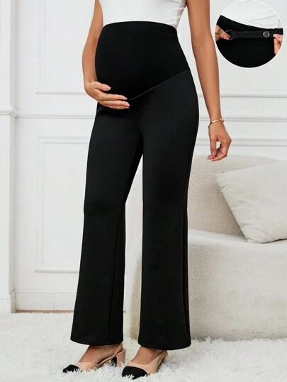 SHEIN 孕婦休閒和通勤年輕女性附加上口袋波蘭花小腳褲，可調節鬆緊腰帶，超高腰，全長貼身孕婦褲