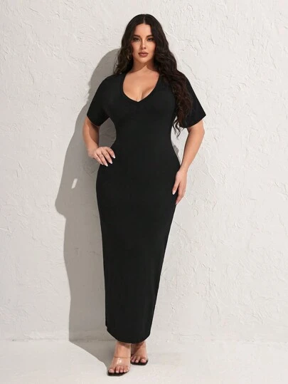 SHEIN SXY Plus Size Spring/Summer Casual Solid Color Slim Fit Short Sleeve Long Dress