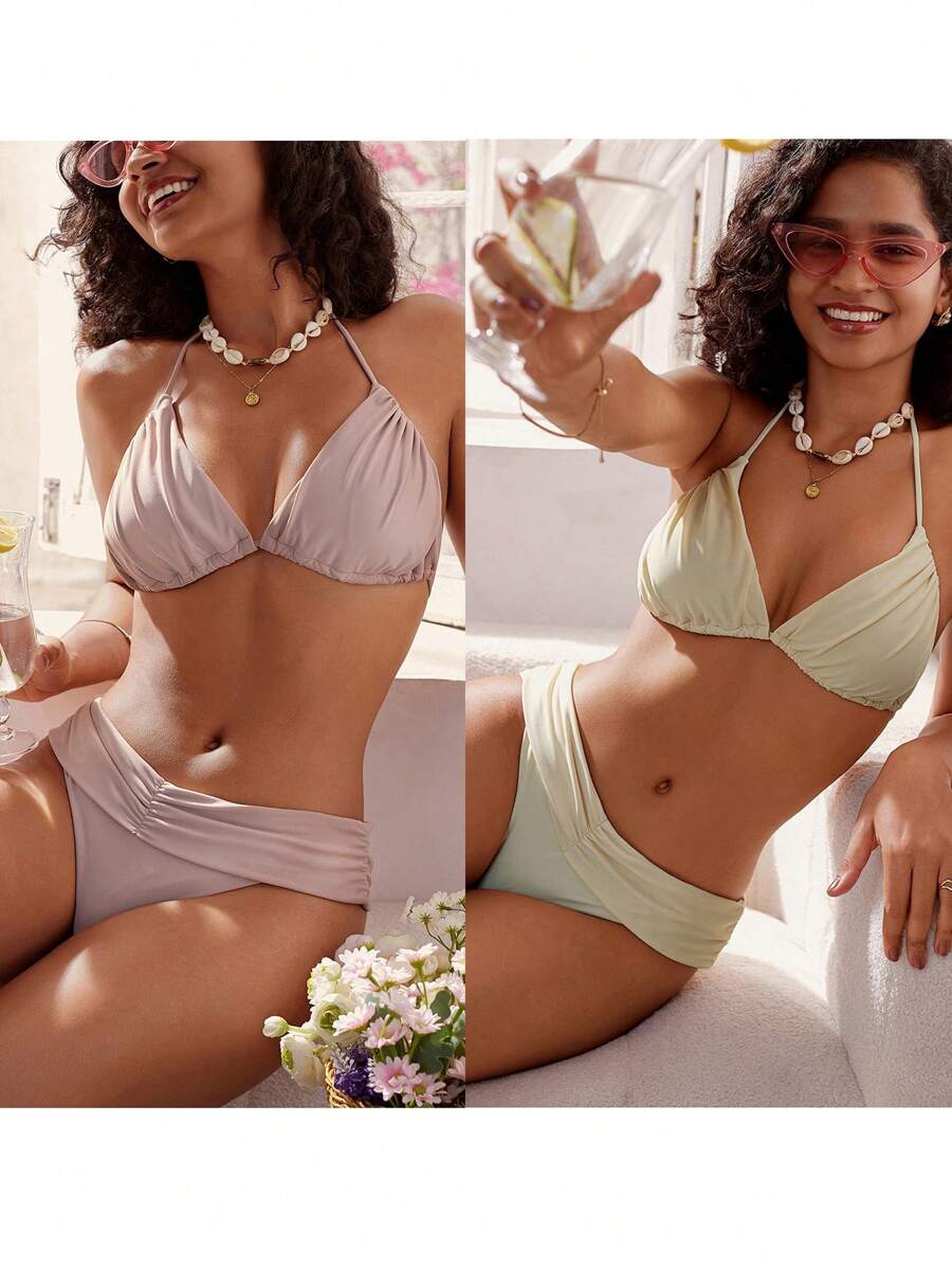 SHEIN Swim Bộ bikini dây đeo cổ màu trơn đi biển mùa hè dành cho nữ - Nhiều màu - Xem 1