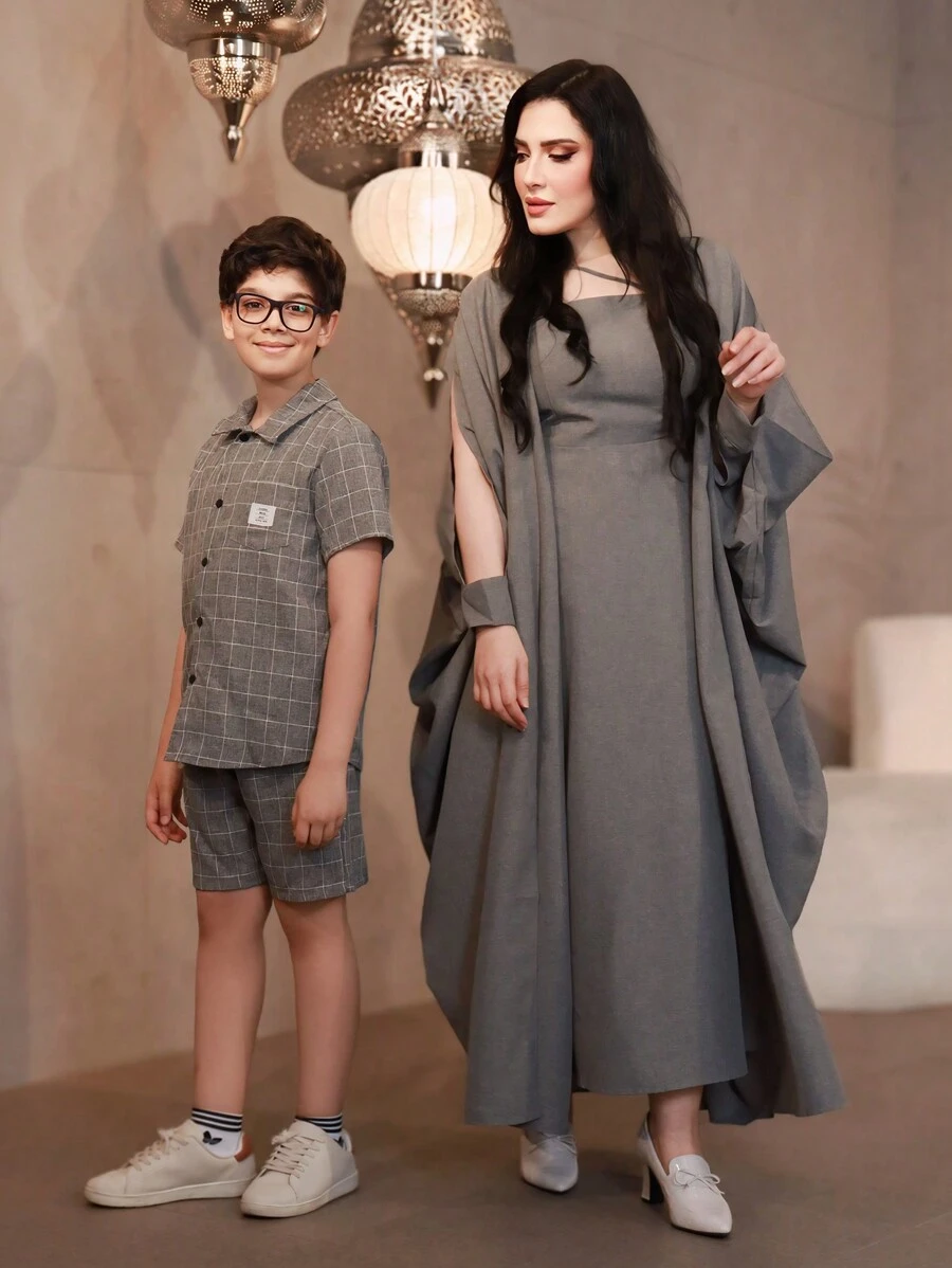 Al Najma Women's Solid Color Casual Spring/Summer Dress And Split Sleeves Batwing Loose Long Coat 2pcs/Set - Grey - View 1