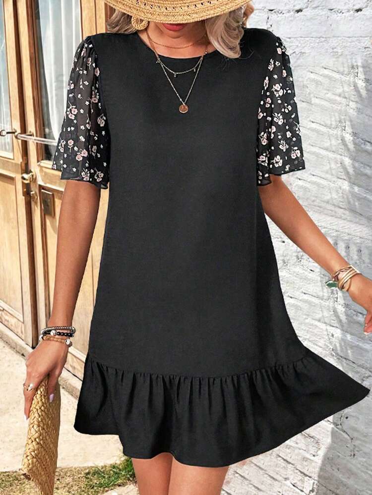 Women's Random Printed Backless Tie Up Round Neck Short Sleeve Summer Dress