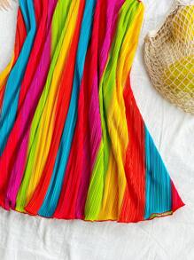 Soleia Vestido veraniego casual y suelto con línea A, plisado, minifalda y rayas de colores para mujer