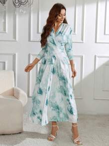 Modelyn Women's Full Print Cross Wrap Ruched Dress Long Evening Dresses - Blue - View 3