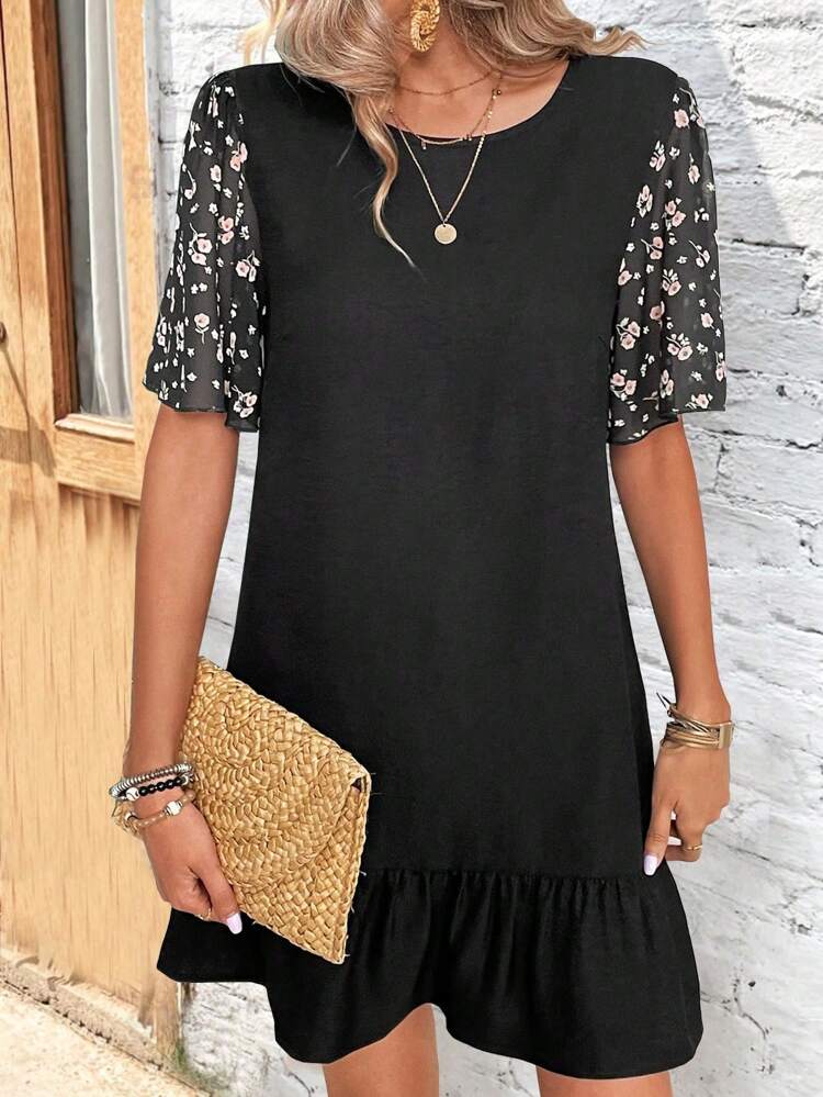 Women's Random Printed Backless Tie Up Round Neck Short Sleeve Summer Dress