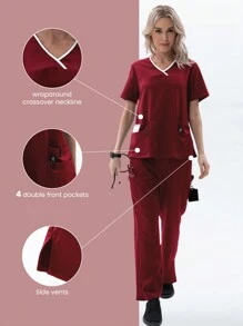 TaskEZ Burgundy Red Dagacci Uniform Women's Scrub Set Stretch Contrast Binding Top And Pants 12 Pockets - Burgundy - View 1