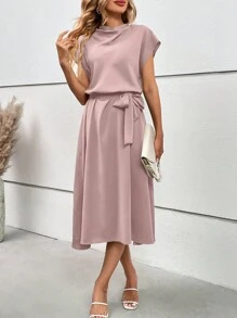 SHEIN Clasi Women's Solid Color Belt Decorated Dress With Simple Design Maxi Women Outfit - Pink - View 4