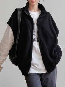 Dazy-Less 拉链蝙蝠袖羊毛背心外套复古风格女式夹克，秋季女装 - 黑色 - 查看 1