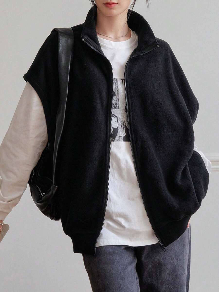 Dazy-Less 拉链蝙蝠袖羊毛背心外套复古风格女式夹克，秋季女装 - 黑色 - 查看 1