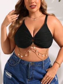 SHEIN Swim Curve Plus Size Black Swimwear Top, Bikini, Summer Beach - Black - View 1