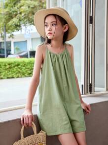 SHEIN Tween Girl Casual Woven Solid Color Jumpsuit With Spaghetti Straps, Spring/Summer - Green - View 1