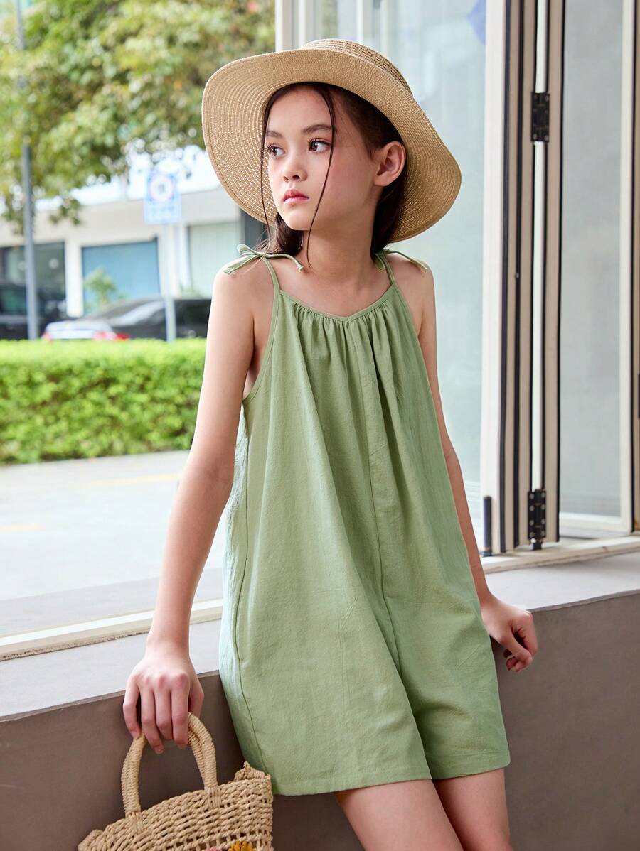 SHEIN Tween Girl Casual Woven Solid Color Jumpsuit With Spaghetti Straps, Spring/Summer - Green - View 1