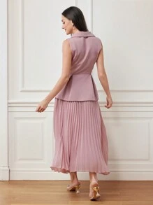 Modelyn Women's Solid Color Suit Set, Sleeveless Blazer And Pleated Skirt 2 Pieces Set - Pink - View 2