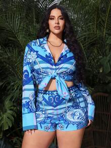 SHEIN SXY Plus Size Women's Baroque Chain & Paisley Print Button Knot Shirt & Elastic Waist Open Front Shorts 2pcs Set, Suitable For Summer, Date Night, Birthday, Bachelorette Party Outfit, Casual, Shopping, Streetwear, Going Out, Vacation, Beach, Easy To Match&Looks Slim, Flatter The Figure - Blue - View 3