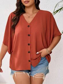 SHEIN LUNE 前鈕裝飾大碼寬鬆蝙蝠袖襯衫