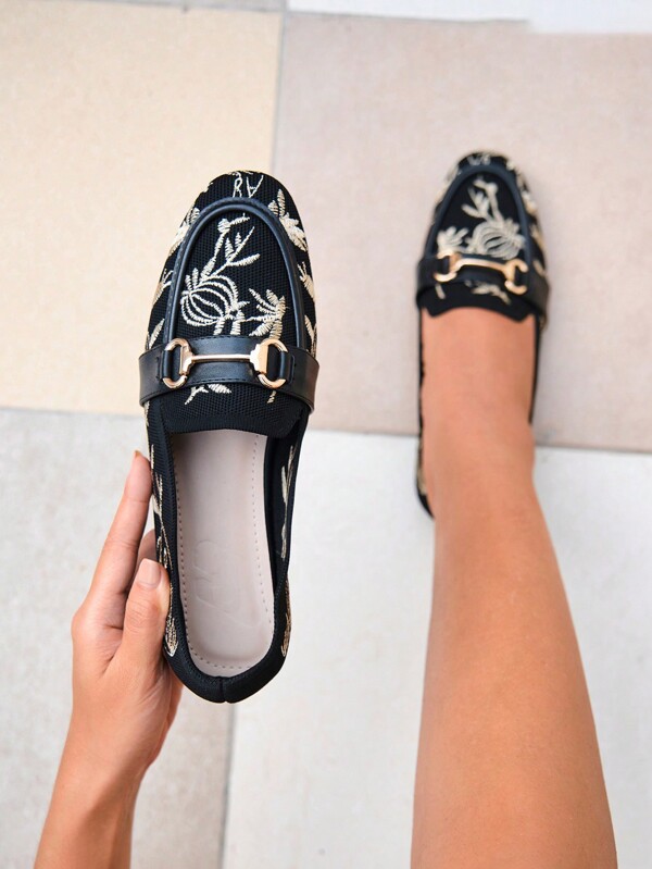 CUCCOO TILAWA Women Shoes Horsebit Buckle Decoration Fashion Casual Embroidered Comfortable Flat Loafers Vacation Shoes Summer Spring Shoes Spring Break Easter