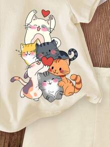 Leap Crew Baby Girl Casual Minimalist Cartoon Cat Print Short Sleeve Shorts Set, Suitable For Summer, Cotton Blend - Apricot - View 3