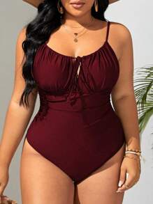 SHEIN Swim Curve 2025 Damen Große Größen einteiliger Badeanzug mit Schleife vorne, Sommerfarbe