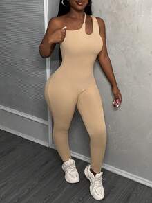 Slaydiva Music Festival Casual One Shoulder Cut Out Bodycon Ribbed Summer Jumpsuit Unitard - Khaki - View 6