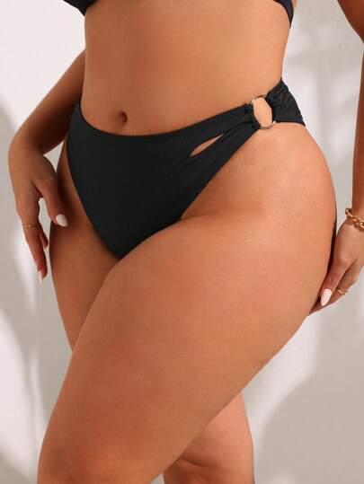 Swim SXY Plus Size Solid Color Circular Ring Link Buckle Simple Beach Vacation Swimwear Bottom,Summer Beach  Thong Bikini