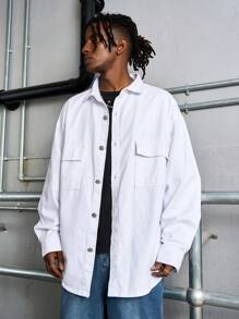 Manfinity Roghcode Men's Loose-Fit White Denim Shirt - White - View 4