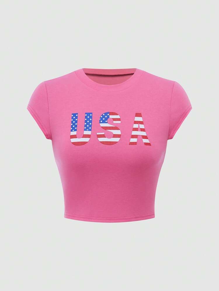 Women's American Retro  Short Hot Girl Navel Exposed Printed Tight Short Sleeve T-Shirt