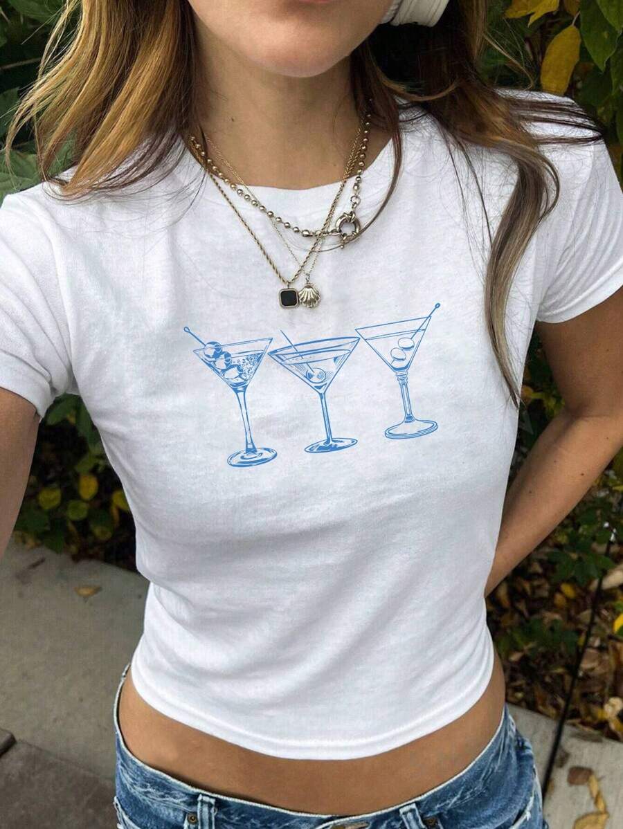 INAWLY 夏季Y2K酒杯飲料印花女士嬰兒T恤 - 白色 - 查看 1