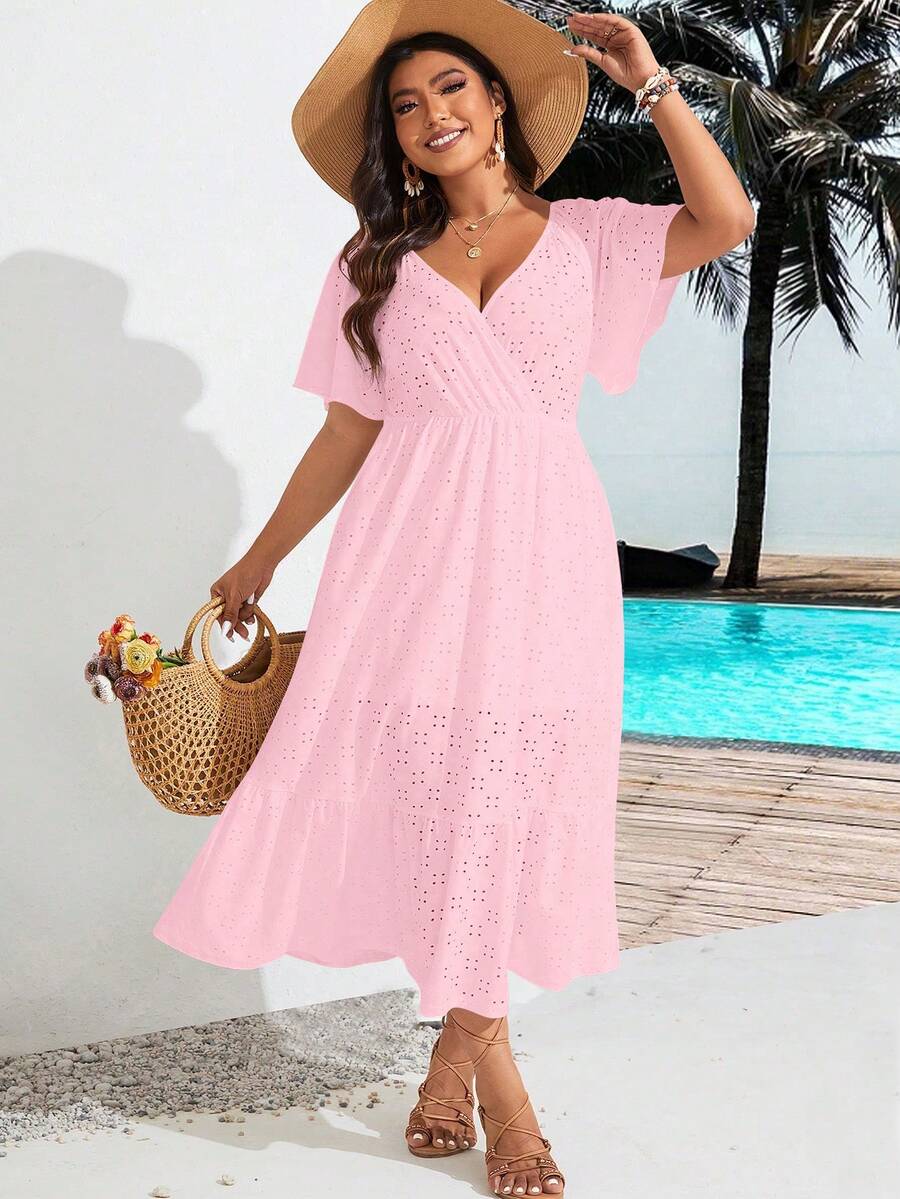 Vestido diario simple de unicolor para mujer de talla grande - Rosa - Ver 1