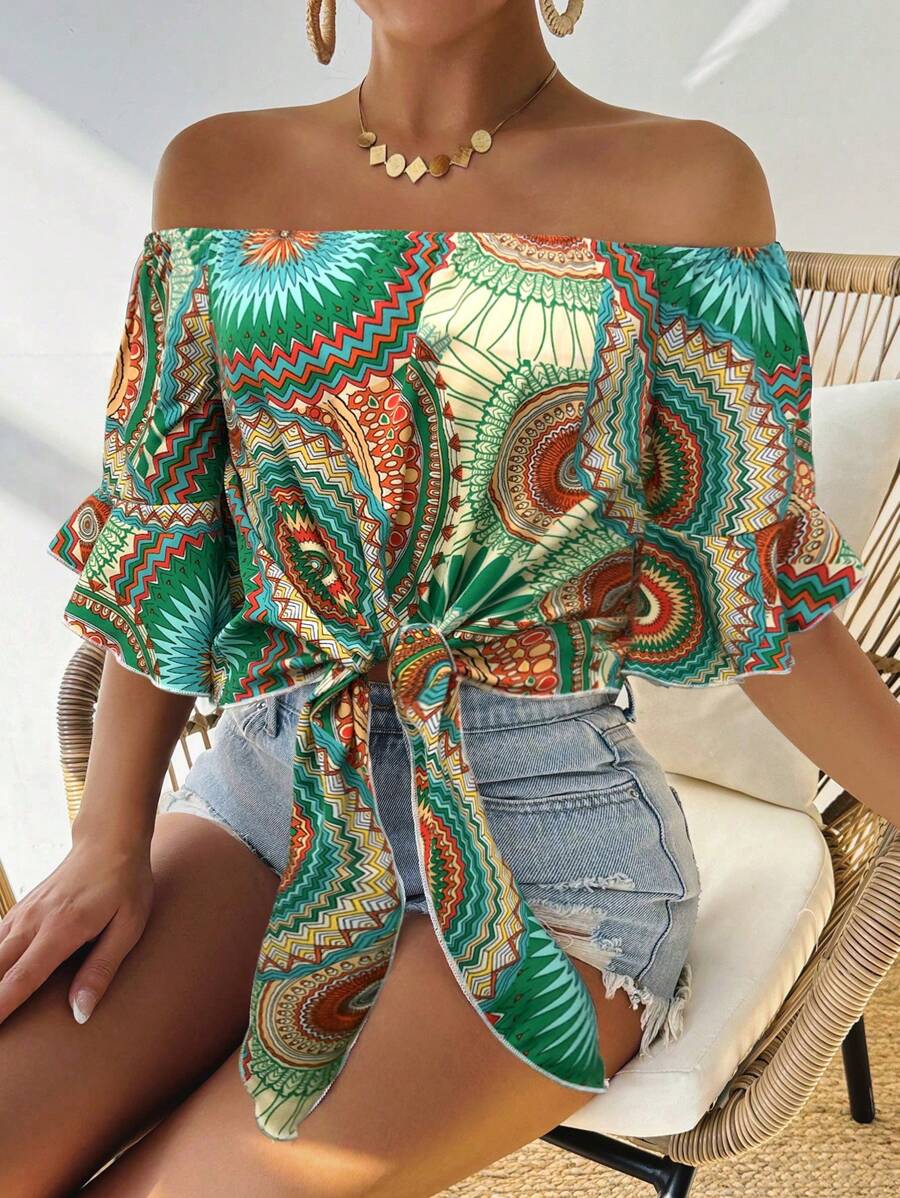 Breezaya Blusa de hombros descubiertos tipo bandeau con estampado de estilo hawaiano para vacaciones, de tres cuartos de manga para mujer - Verde - Ver 1