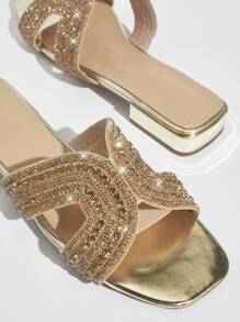 SHUZIA Women Square Toe Low Heel Golden H-Shaped Fashionable Flat Sandals
