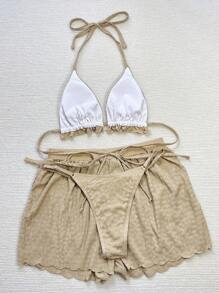 Swim Vcay 夏季海滩纯色波浪边分体比基尼套装 3 件套 - 卡其色 - 查看 3