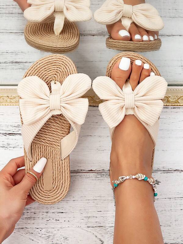 أحذية أنيقة للنساء ،لون بيج مع عقدة صنع من القش بنعل جوتي، شبشب بيتش كاجوال صيفي مسطح النعل