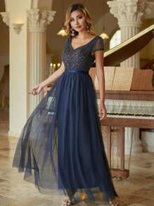 Dusty Blue Embroidered Wedding Guest Dress Women Elegant Bridesmaid Gown With Flowy Skirt - 藏蓝色 - 查看 3