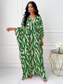 BIUBIU Allover Print V Neck  Batwing Sleeve Dress (Random Print) - Green - View 4
