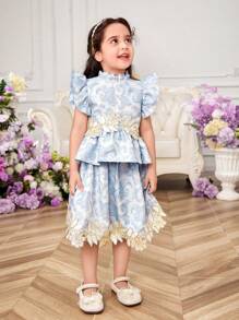 Young Girl Woven Floral Stand Collar Ruffle Trim Casual Top And Woven Floral A-Line Skirt Set - Multicolor - View 7